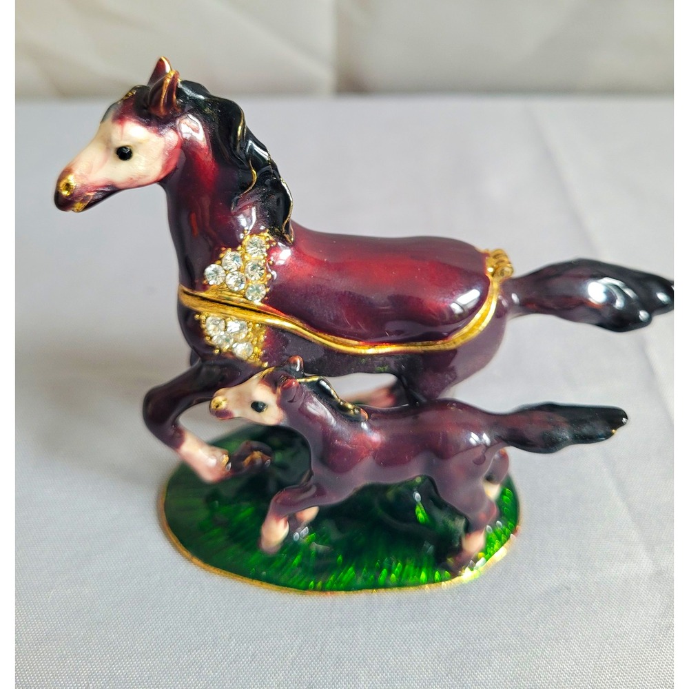 Enamel Metal Horse & Foal Hinged Trinket Box w/ Rhinestones Purple Green Base